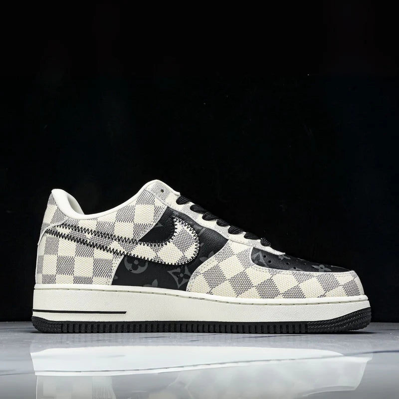 Custom Air Force 1 Black White With LV Checkerboard And Logo