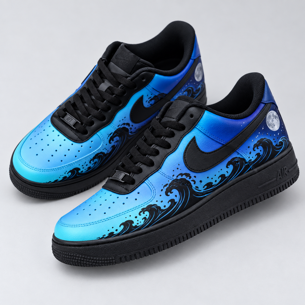 Custom Hand Painted Blue Wave Air Force 1 Sneakers
