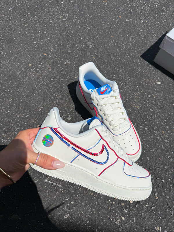 Hand Painted Red Blue Rhinestone Custom Air Force 1 Sneakers-oicustom