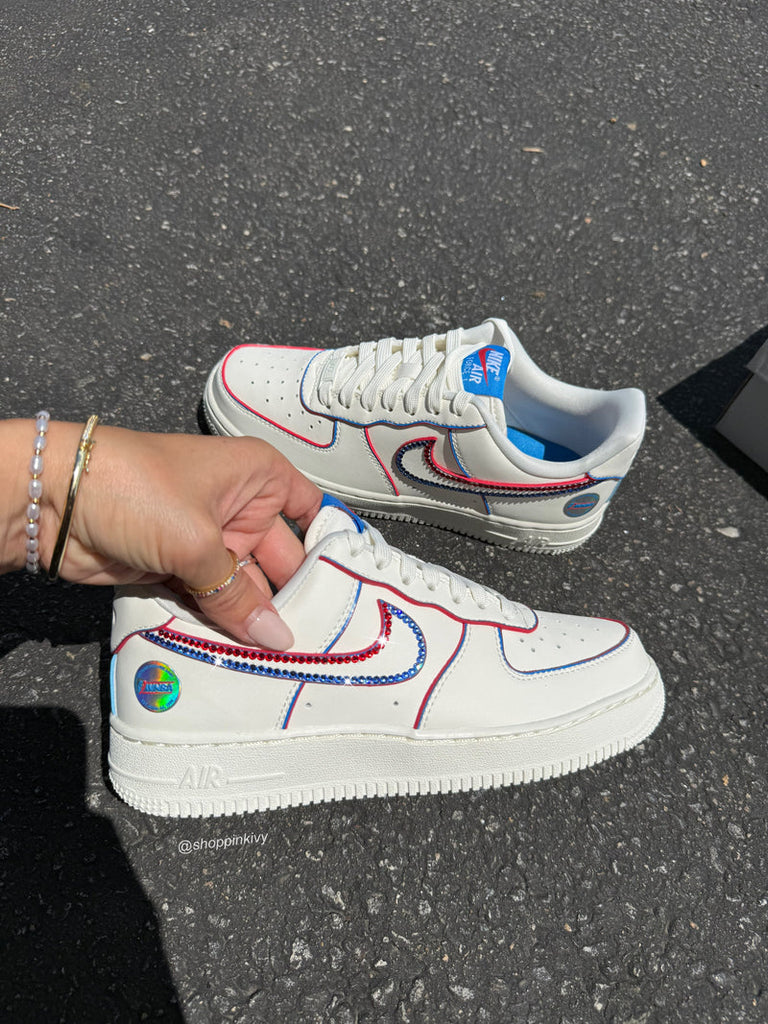 Hand Painted Red Blue Rhinestone Custom Air Force 1