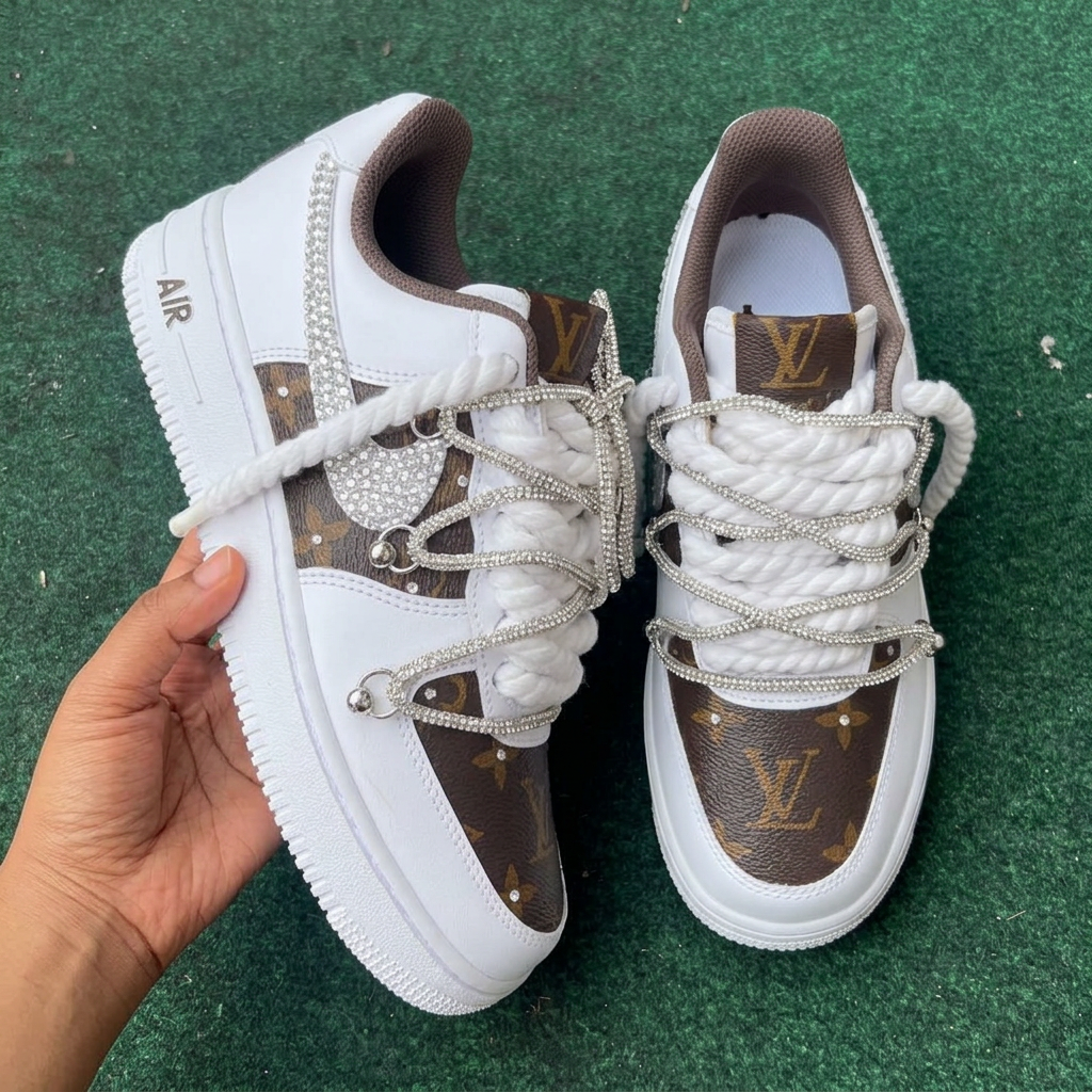 Brown White Rhinestone Custom Air Force 1 Sneakers Classic Monogram-oicustom