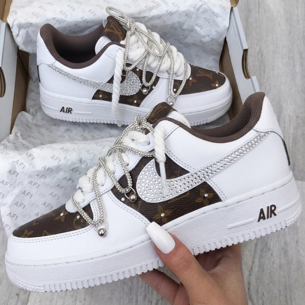 Brown White Rhinestone Custom Air Force 1 Sneakers Classic Monogram-oicustom