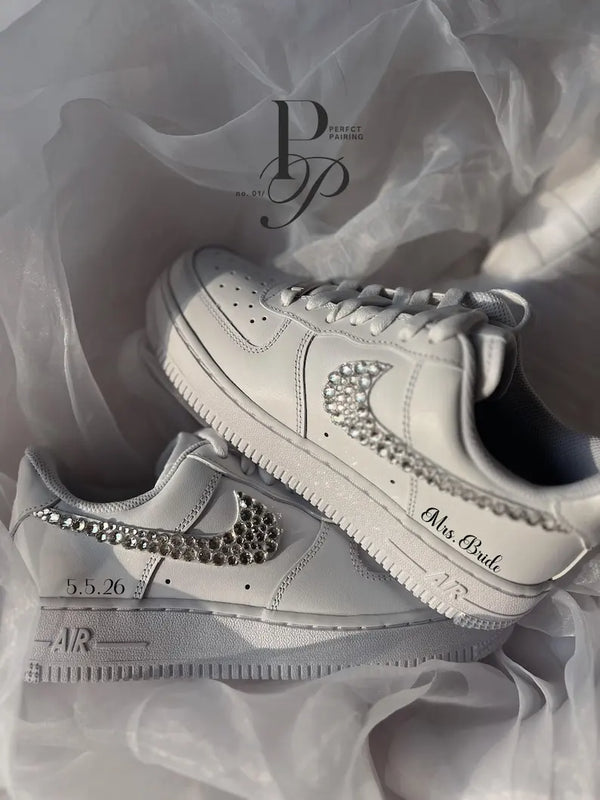 Shiny Rhinestone Personalized Bridal Custom Air Force 1, White Comfortable Wedding Custom Sneakers with Custom Name/Date & Satin Laces for Bride-oicustom