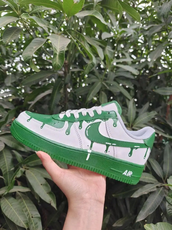 Green Dripping Effect Hand-Painted White Unisex Custom Air Force 1 Trendy Streetwear All-match Custom Sneakers-oicustom