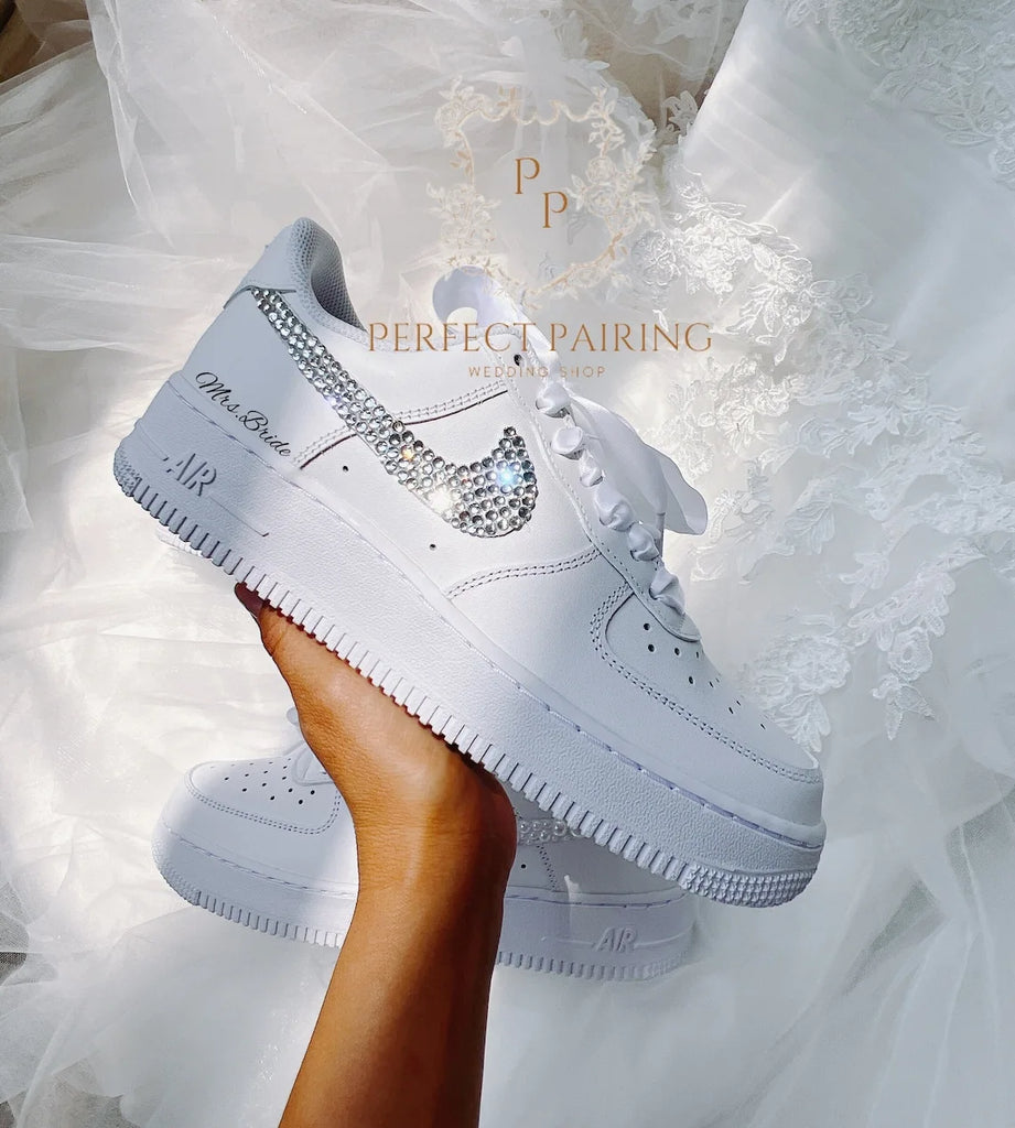 Shiny Rhinestone Personalized Bridal Custom Air Force 1, White Comfortable Wedding Custom Sneakers with Custom Name/Date & Satin Laces for Bride