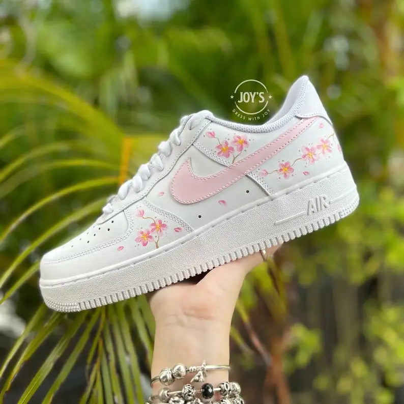 Hand Painted Soft Pink Cherry Blossom White Custom Air Force 1, Cute Aesthetic Floral Custom Sneakers With Optional Replaceable Shoelaces For Women & Girls Casual Wear/Gift