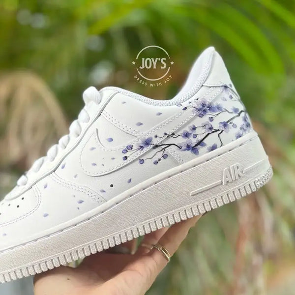 Hand Painted Purple Cherry Blossom Custom Air Force 1, Aesthetic Floral Falling Petal Design Custom Sneakers, Personalized White Casual Shoes with Optional Gradient Purple Laces for Women & Men-oicustom