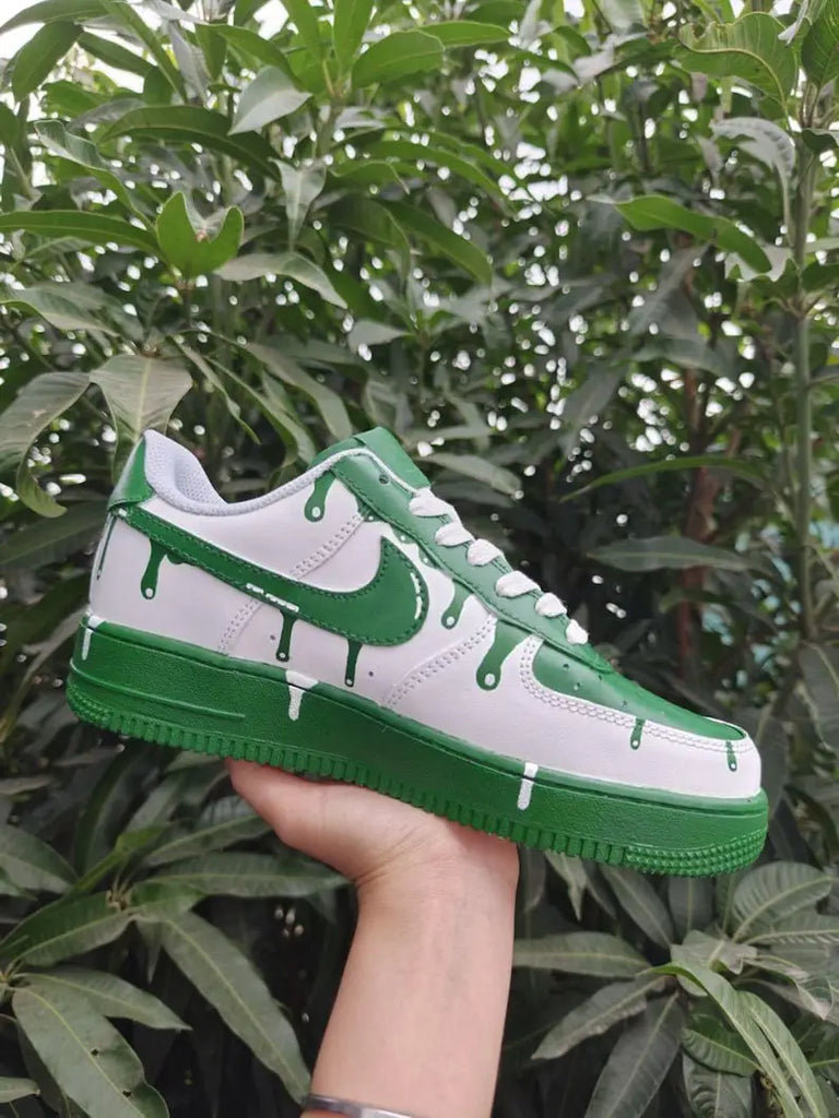 Green Dripping Effect Hand-Painted White Unisex Custom Air Force 1 Trendy Streetwear All-match Custom Sneakers