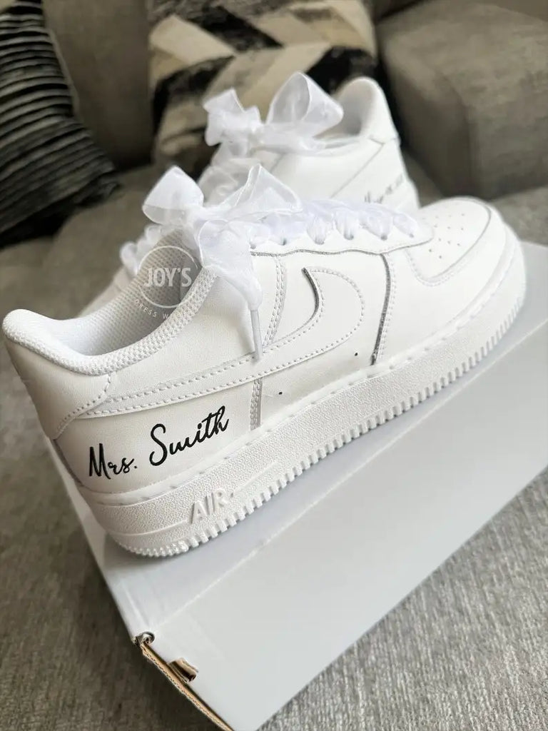 Custom Air Force 1 Personalized Bridal Wedding Custom Sneakers, Pearl Rhinestone Decor Custom Name/Wedding Date White Bridal Shoes with Organza Ribbon Laces for Bride