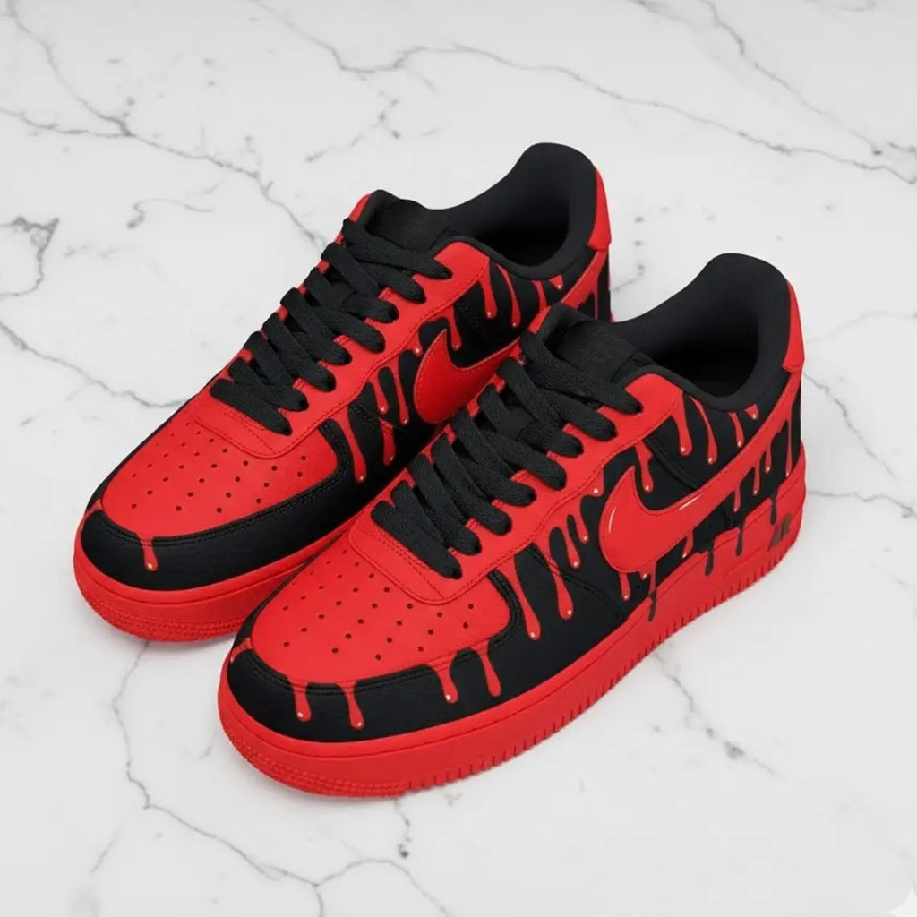 Hand Painted Red Black Drip Art Custom Air Force 1, Trendy Streetwear Unisex Custom Sneakers for Daily Wear & Gift