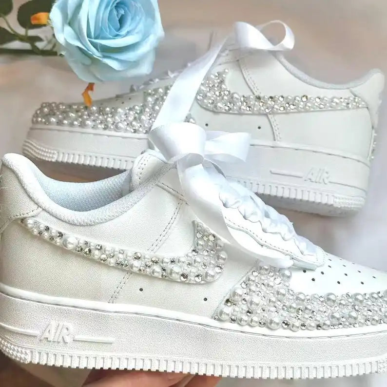 Wedding Bridal Pearl & Rhinestone Embellished White Custom Air Force 1 Custom Sneakers, Personalized Name Date Satin Ribbon Lace Comfortable Bride Wedding Shoes