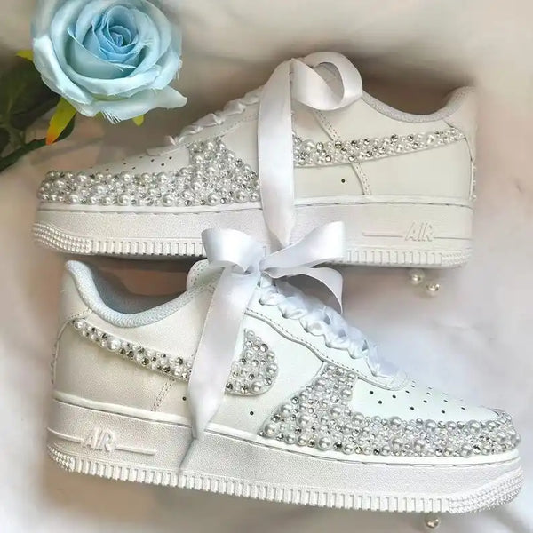 Wedding Bridal Pearl & Rhinestone Embellished White Custom Air Force 1 Custom Sneakers, Personalized Name Date Satin Ribbon Lace Comfortable Bride Wedding Shoes-oicustom