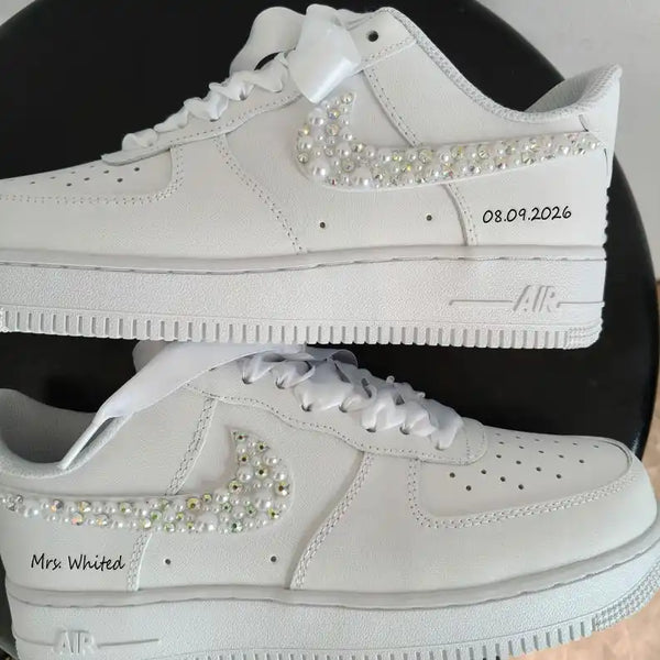 Personalized White Bridal Pearl Rhinestone Custom Air Force 1, Satin Lace Wedding Custom Sneakers with Custom Name & Wedding Date-oicustom