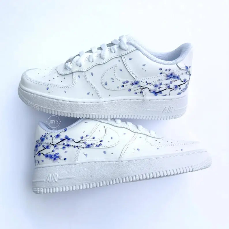 Hand Painted Purple Cherry Blossom Custom Air Force 1, Aesthetic Floral Falling Petal Design Custom Sneakers, Personalized White Casual Shoes with Optional Gradient Purple Laces for Women & Men