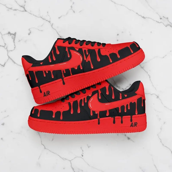 Hand Painted Red Black Drip Art Custom Air Force 1, Trendy Streetwear Unisex Custom Sneakers for Daily Wear & Gift-oicustom