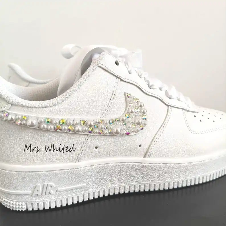 Personalized White Bridal Pearl Rhinestone Custom Air Force 1, Satin Lace Wedding Custom Sneakers with Custom Name & Wedding Date