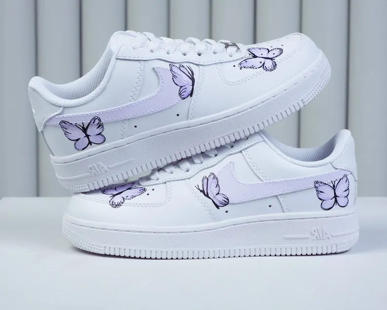 Custom Air Force 1 Hand Painted Soft Lavender Butterfly Shoes, Cute Aesthetic White Casual Custom Sneakers For Women