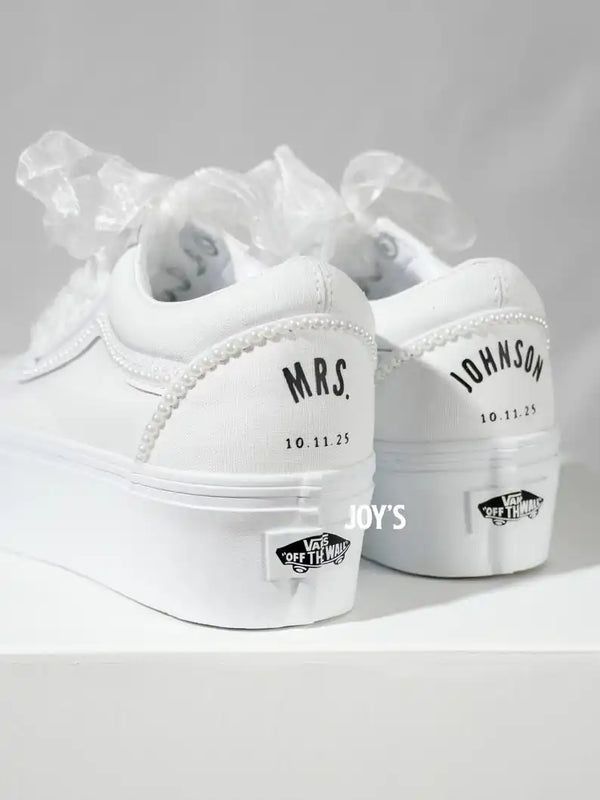 Personalized White Pearl Bridal Wedding Custom Sneakers Platform Organza Laces Custom Name & Date Custom Air Force 1 for Bride-oicustom