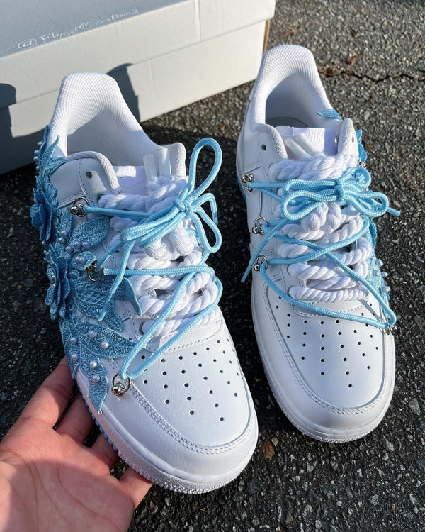 Handmade Blue Floral Pearl Custom Air Force 1 Sneakers-oicustom