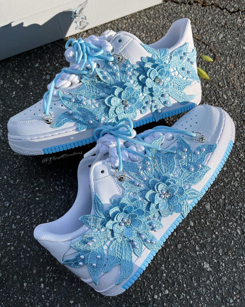 Handmade Blue Floral Pearl Custom Air Force 1 Sneakers-oicustom