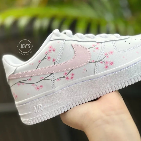 Hand Painted Sakura Cherry Blossom Pink Custom Air Force 1 Custom Sneakers with Replaceable Floral Shoelaces-oicustom
