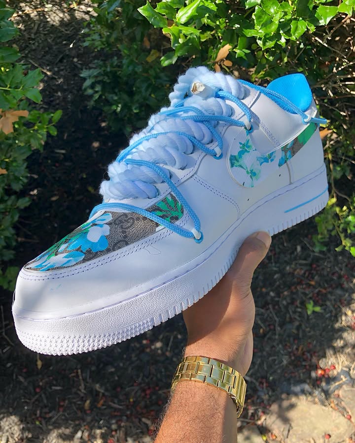 Hand Painted Blue Floral Custom Air Force 1 Sneakers-oicustom
