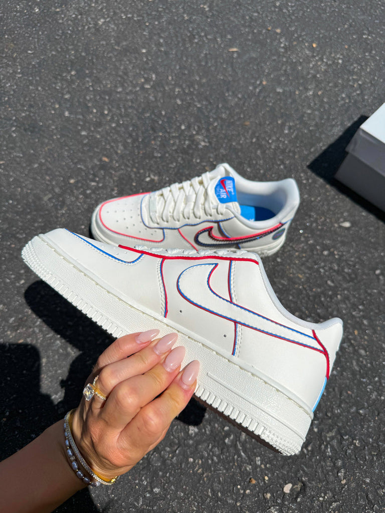 Hand Painted Custom Air Force 1 Sneakers with Red Blue Trim