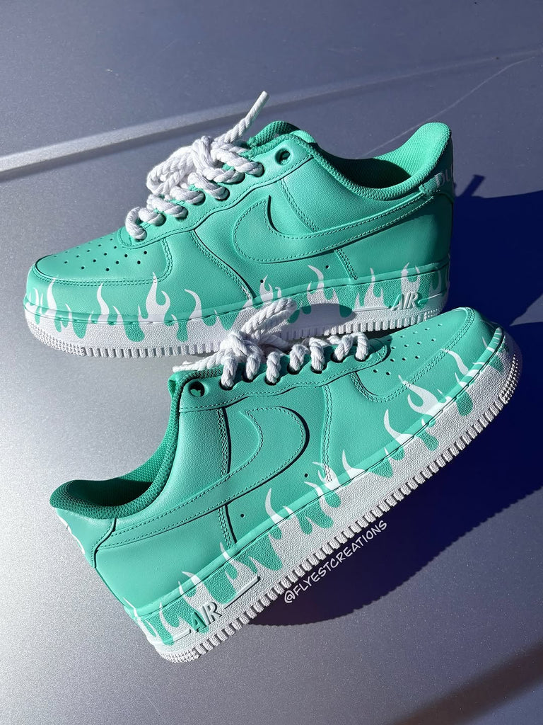 Hand Painted Mint Green Flame Custom Air Force 1 Sneakers-oicustom