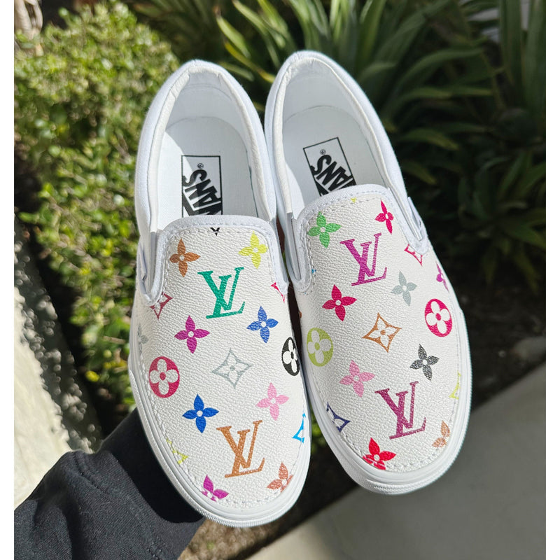 Custom Hand Painted Colorful Monogram Vans Slip On Sneakers