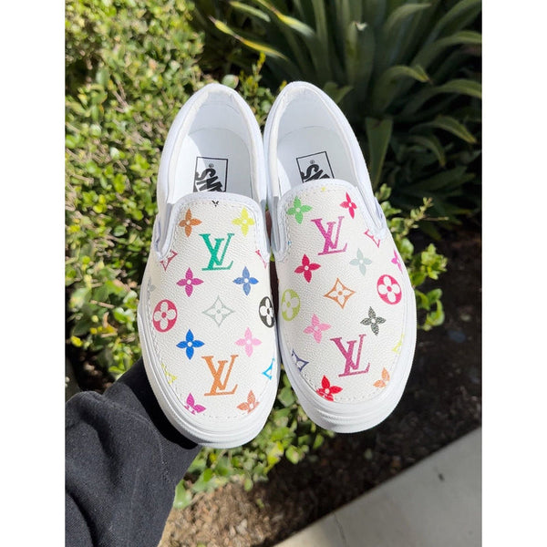 Custom Hand Painted Colorful Monogram Vans Slip On Sneakers-oicustom