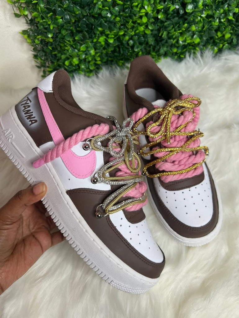 Custom Hand Painted Pink Brown Air Force 1 Sneakers