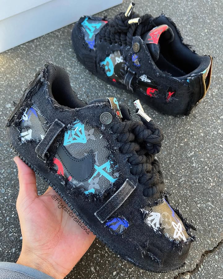 Custom Hand Painted Distressed Black Air Force 1 Sneakers