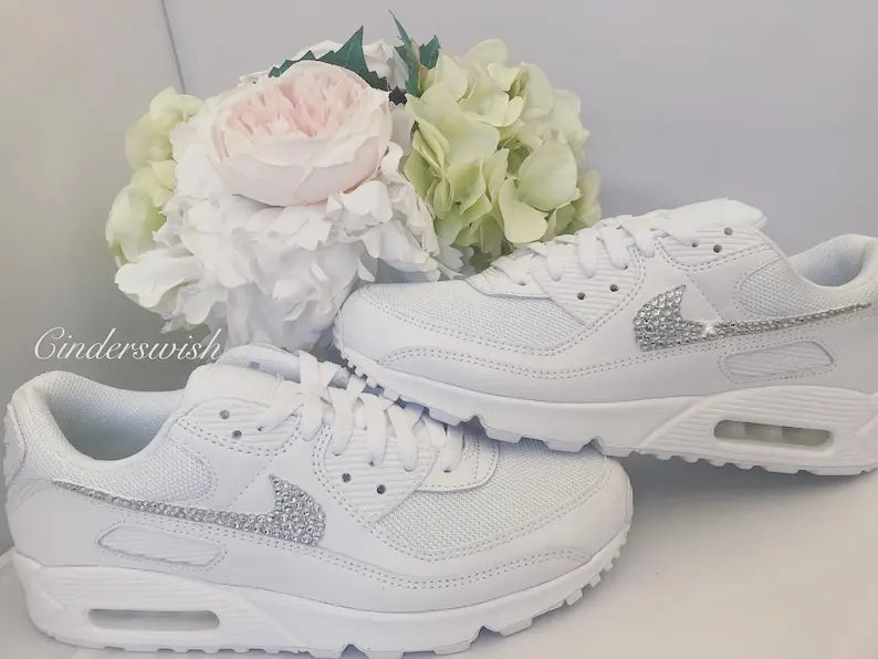 White Bling Rhinestone Crystal Decorated Bridal Wedding Custom Air Force 1 Custom Sneakers Women's Comfortable Shiny Casual Bride Bridesmaid Fashion Dress Shoes