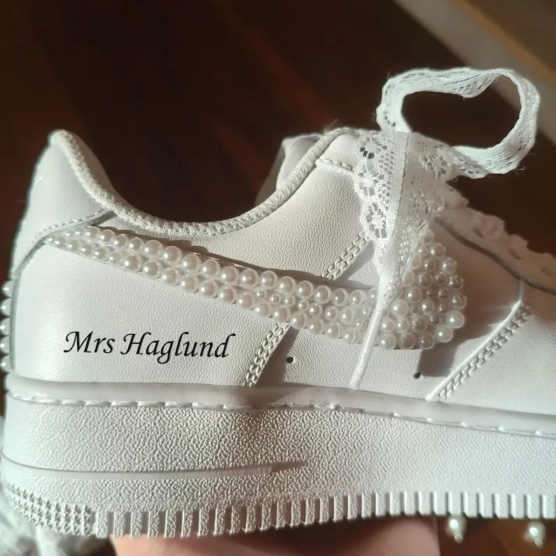 Personalized White Bridal Pearl Rhinestone Lace Custom Air Force 1 Wedding Custom Sneakers with Custom Name & Date