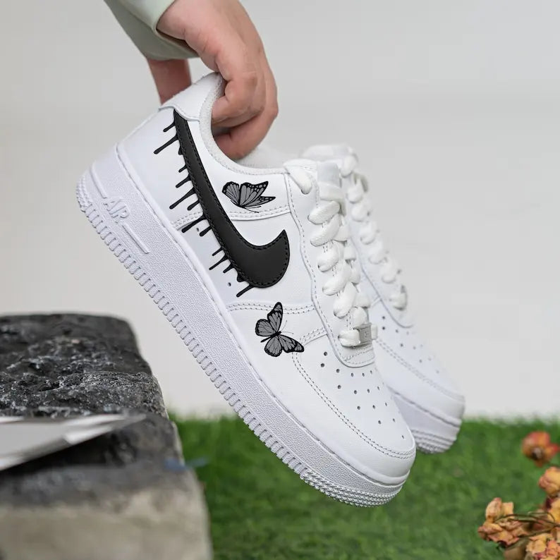 Hand Painted Black Grey Butterfly Dripping Swoosh Custom Air Force 1, Unisex Aesthetic Streetwear Casual Custom Sneakers