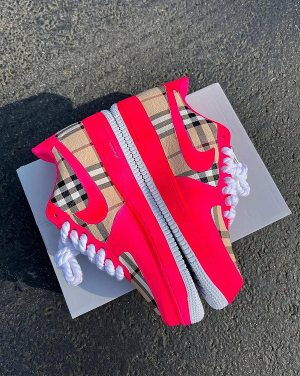 Hand Painted Hot Pink Plaid Custom Air Force 1 Sneakers-oicustom
