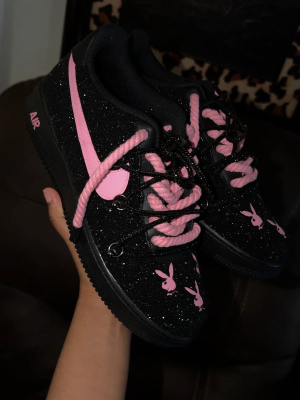 Hand Painted Black Pink Glitter Custom Air Force 1 Sneakers-oicustom