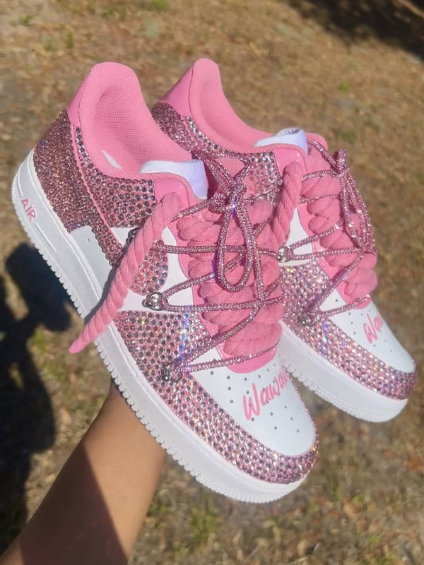 Custom Pink Rhinestone Hand Painted Air Force 1 Sneakers-oicustom
