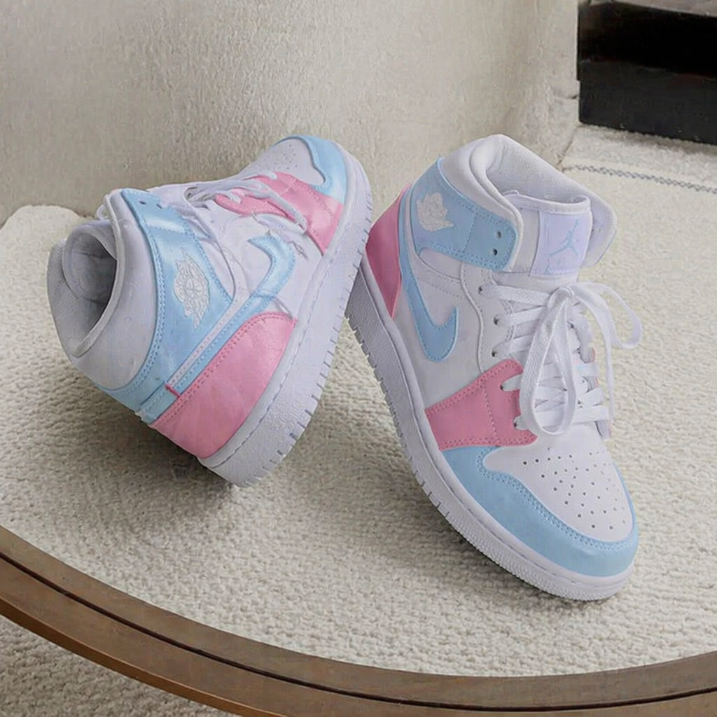 Hand Painted Pink & Blue Air Jordan 1 Mid Custom Sneakers