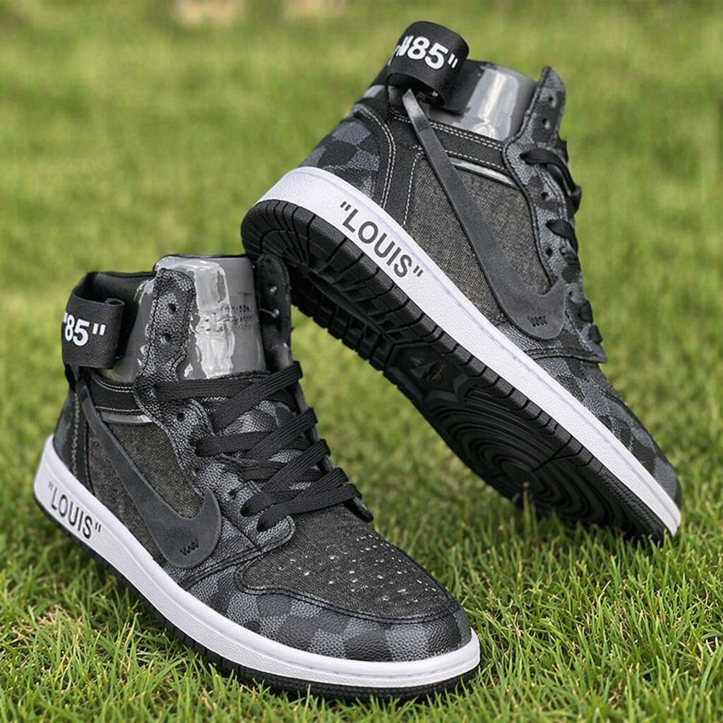 Hand Painted Custom Black Checkered High Top Sneakers