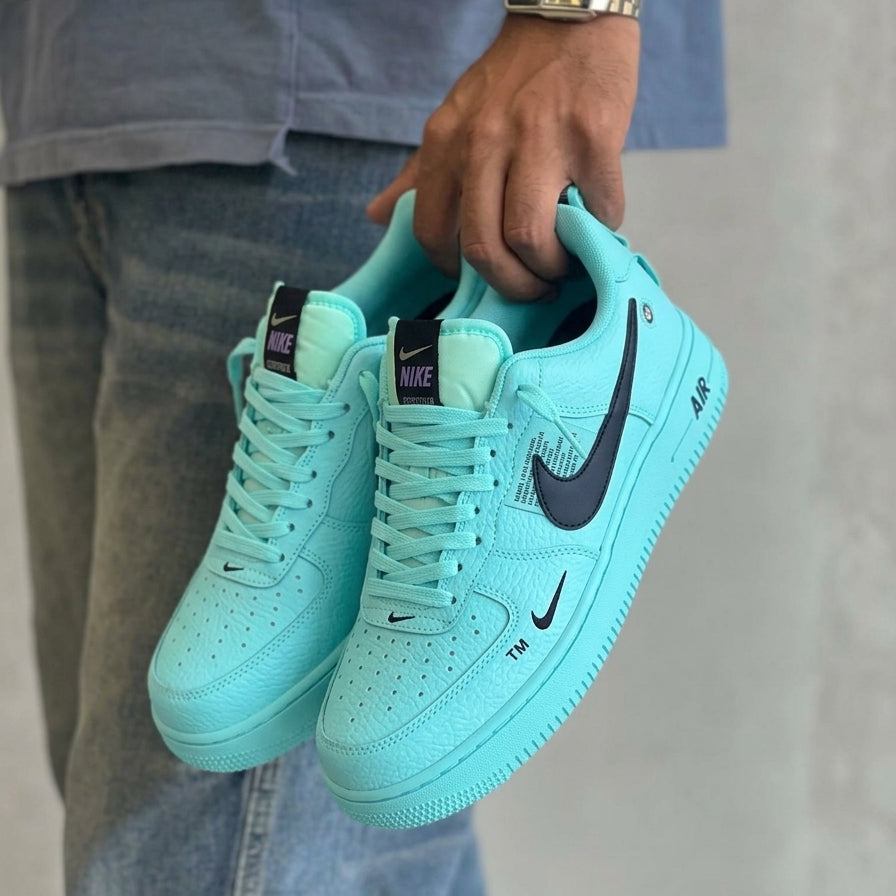Aqua blue black custom Air Force 1 sneakers with handmade finish