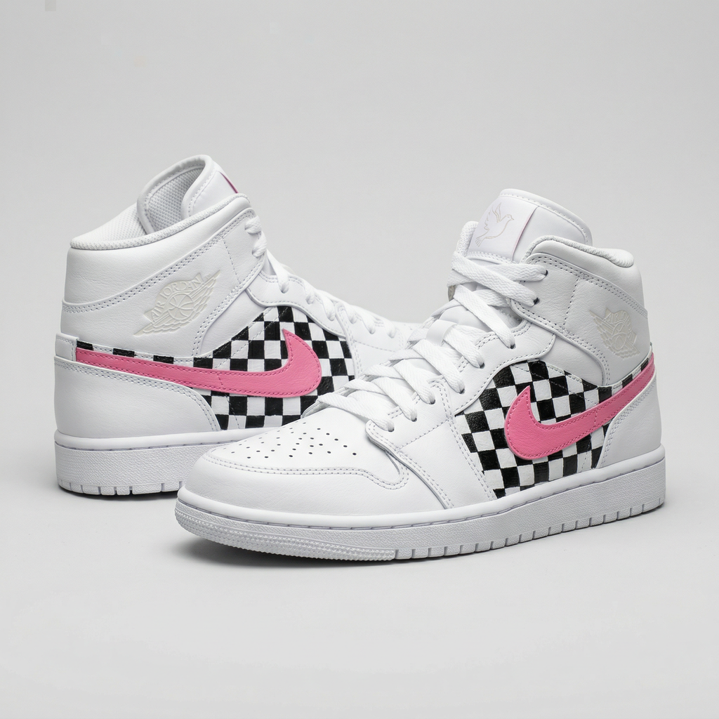 Custom AJ 1s Shoes Baby Pink Black White Checkered Pattern-oicustom