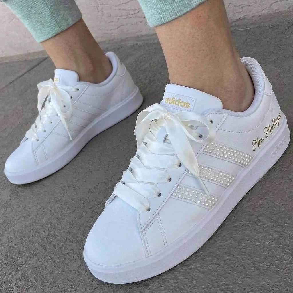 Custom Adidas Weeding Shoes Gold Pearl Embellished Ribbon Laces-oicustom