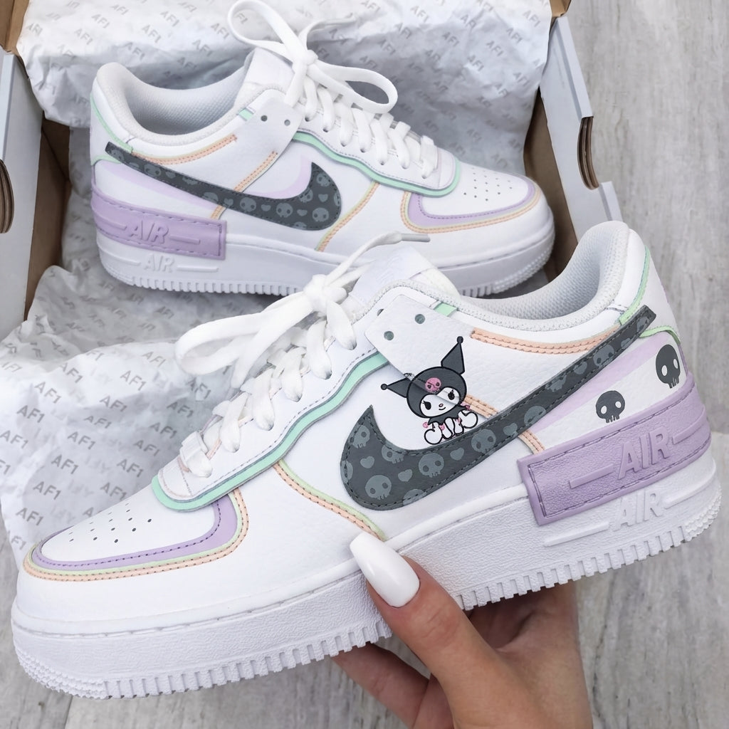 Custom AF 1s Shadow Shoes Baby Purple Baby Green Kuromi Skulls-oicustom