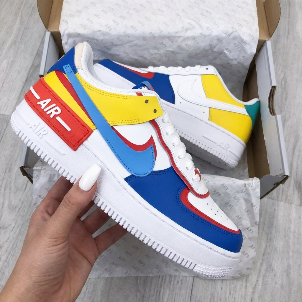 Custom AF 1s Shadow Shoes Blue Yellow Red Color Block-oicustom