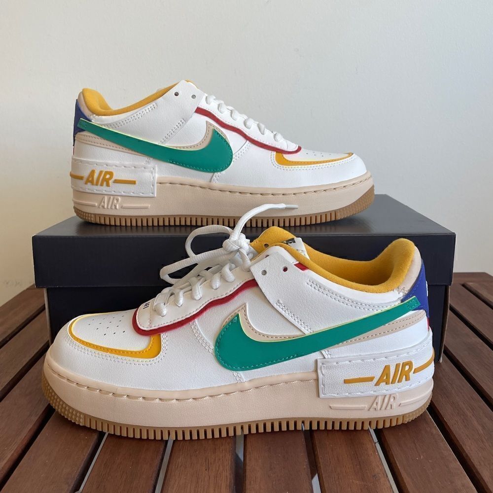 Custom AF 1s Shadow Shoes Yellow Teal Red Double Swoosh Air Patch-oicustom