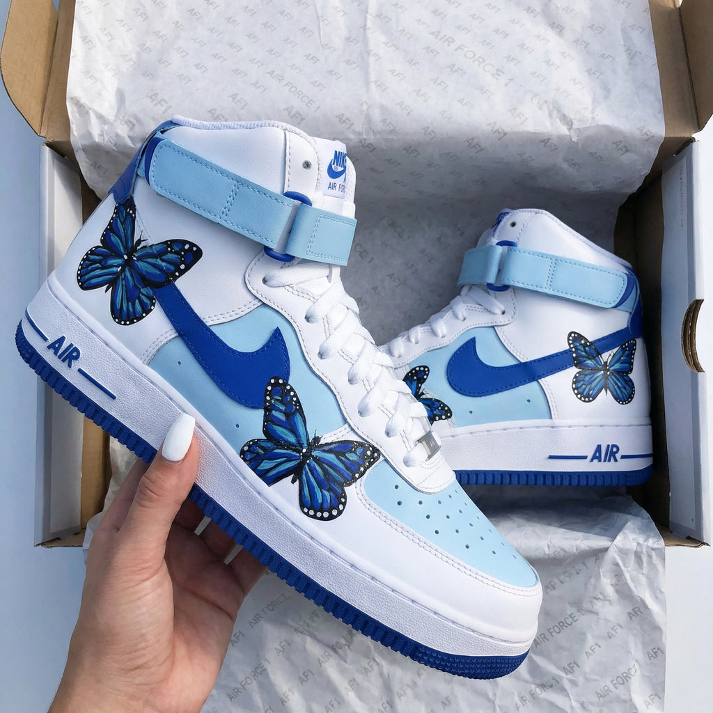 Custom AF 1s Shoes Baby Blue and Blue with Butterflies-oicustom