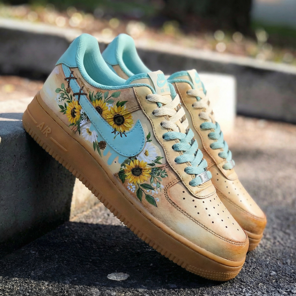Custom AF 1s Shoes Baby Blue and Yellow Sunflower Design-oicustom