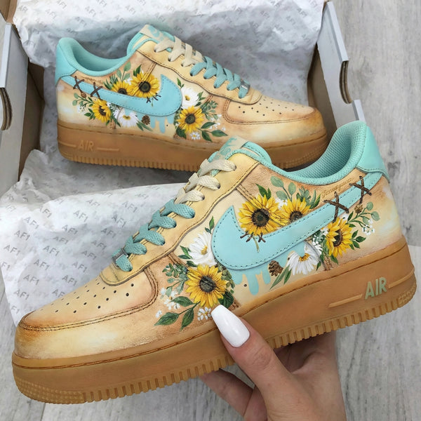 Custom AF 1s Shoes Baby Blue and Yellow Sunflower Design-oicustom