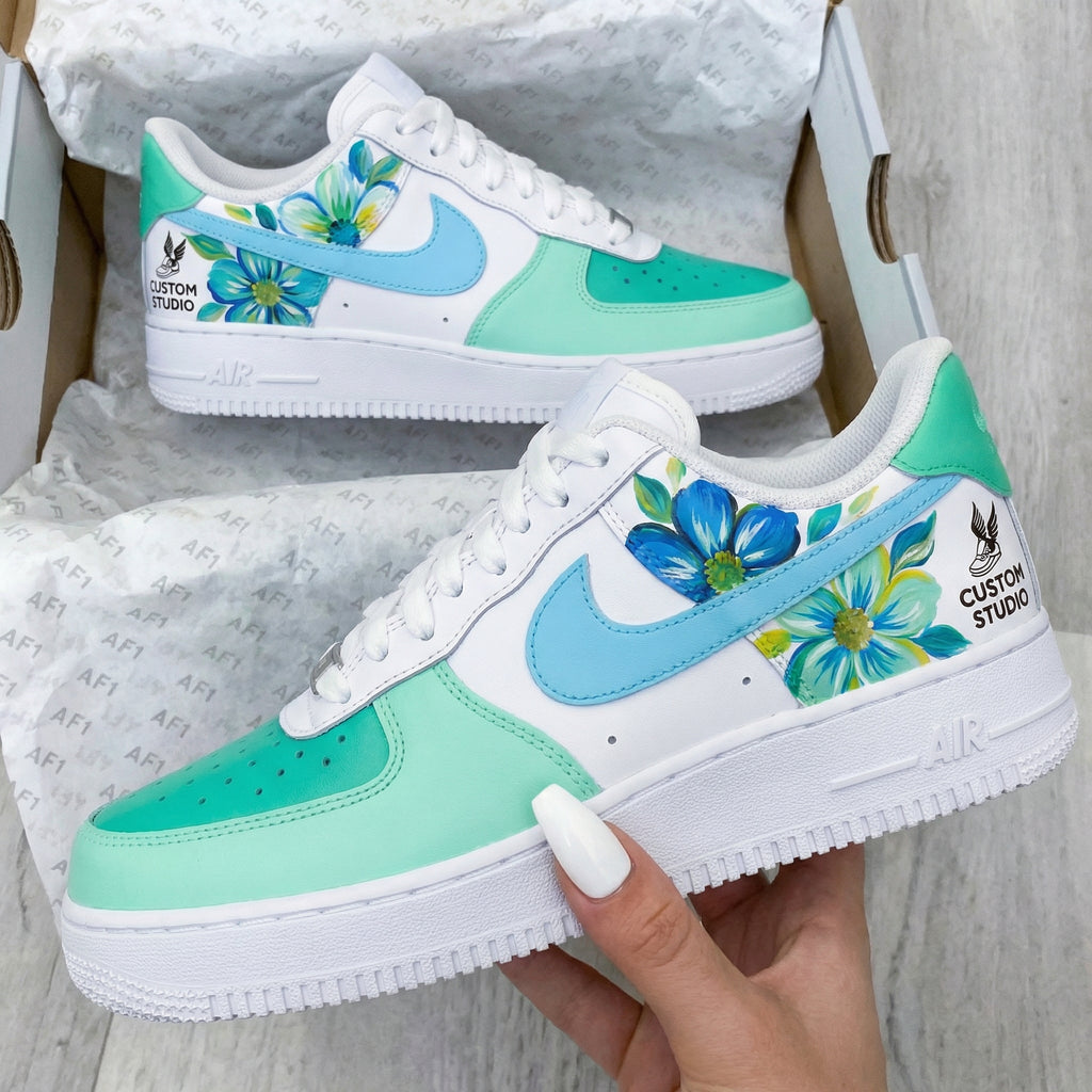 Custom AF 1s Shoes Baby Blue Aqua Flowers-oicustom
